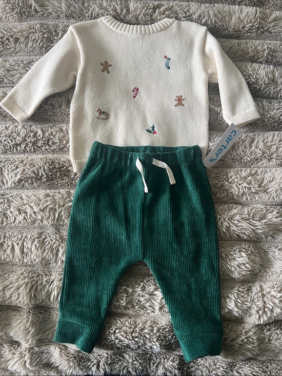 Carter's Other - Carter's Cream Embroidered Sweater with Forest Green Corduroy Pants